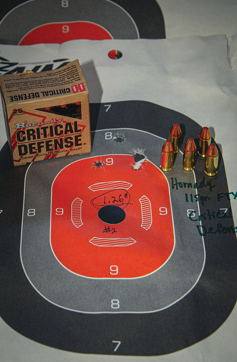 Hornady’s 115-grain FTX Critical Defense ammunition produced a 1.26-inch group sent at 1,306 fps from the Ruger PC Carbine, the result of five shots fired from 75 yards away.